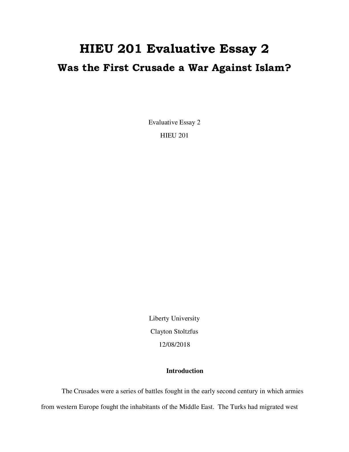 Preview image for HIEU 201 Evaluative Essay 2 Was the First Crusade a War Against Islam Completed A 2022/2023